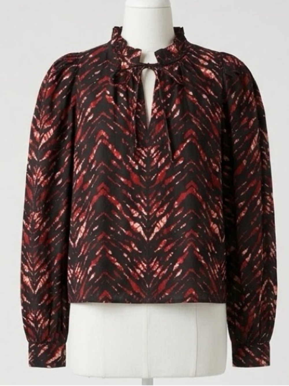Walter Baker Red Black Abstract Batik Print Ruffle Neck Tie Neck Blouse Small